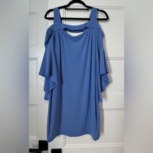 Blue draped sleeve and exposed shoulder mini dress - women’s medium.